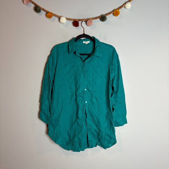 Eileen Fisher bright teal linen button down shirt - Picture 1 of 5